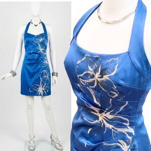 VTG Y2K Cache 10 M Tropical Floral Blue Silver Bodycon Sheath Mini Halter Dress